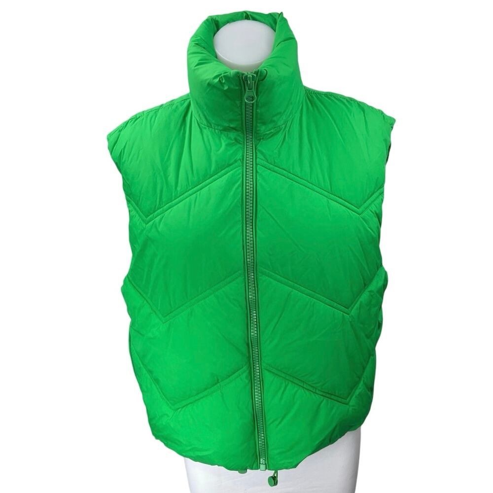 Zara Green Sleeveless Quilted Full Zip High Neck Puffer Vest Coat Jacket Size S